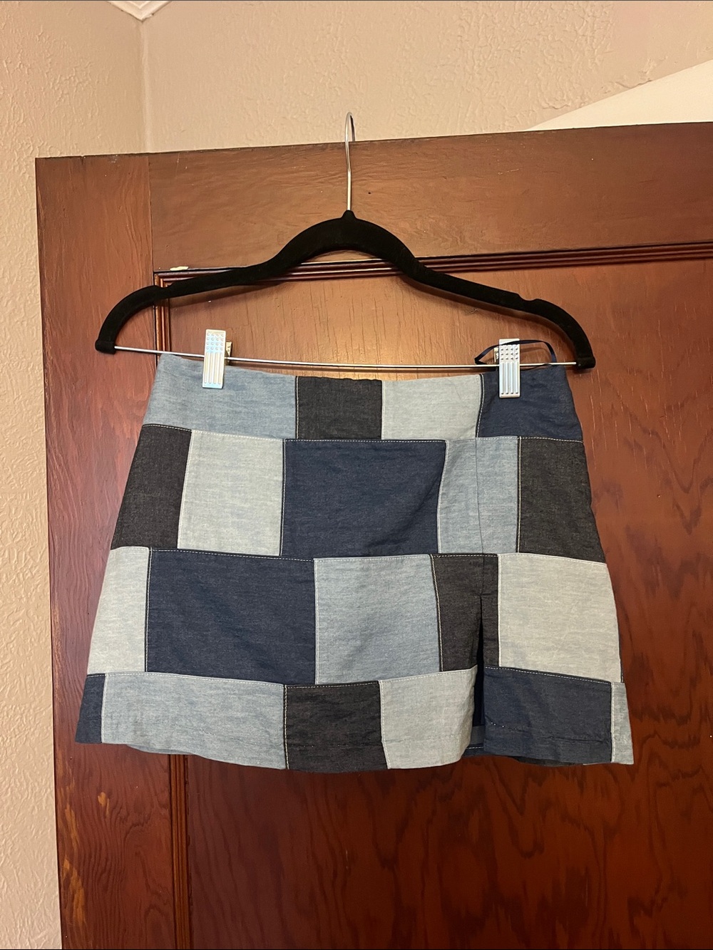 Amanda Uprichard Patchwork Denim Mini Skort in Mixed Blues